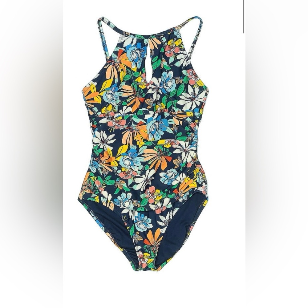 Ellen Tracy Blue and Orange One Piece Swimsuit High Neck
